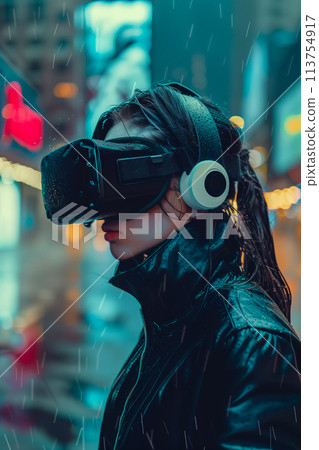 A woman wearing a black jacket 113754917