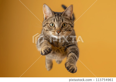 funny cat flying. photo of a playful tabby cat jumping mid-air looking at camera. funny cat flying. photo of a playful tabby cat jumping mid-air looking at camera. 113754961