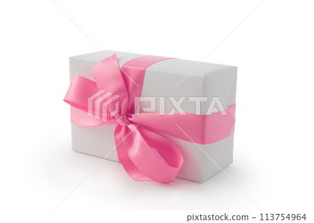 White gift box with pink ribbon bow isolated on white background White gift box with pink ribbon bow isolated on white background 113754964
