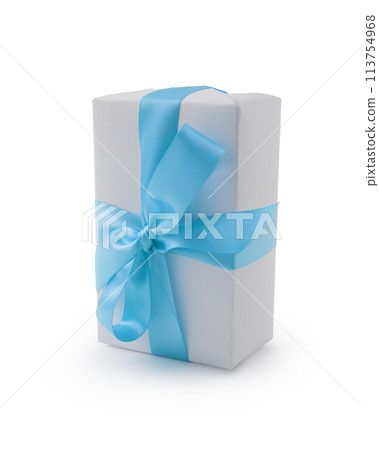 White gift box with blue ribbon bow isolated on white background White gift box with blue ribbon bow isolated on white background 113754968