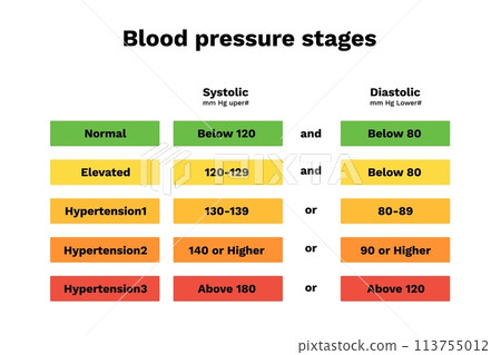 Blood pressure stages. Hypertension scale with diagram indicators Blood pressure stages. Hypertension scale with diagram indicators 113755012