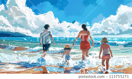 夏日海邊玩耍的一家人 113755271