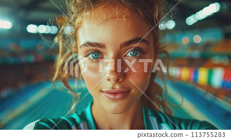 A gymnast prepares to perform at the Olympics in front of an audience, flags and lights illuminate her perfect performance A gymnast prepares to perform at the Olympics in front of an audience, flags and lights illuminate her perfect performance 113755283