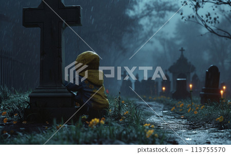 An emotional scene of a sad child sitting alone by a grave in a cemetery, mourning under the pouring rain. 113755570
