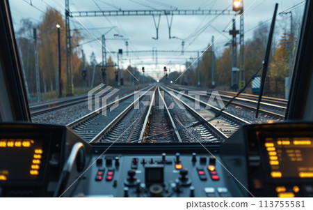 Train tracks view from driver's cabin, multiple rails leading forward, control panel visible. 113755581