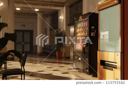 A convenient vending machine filled with a variety of chips and drinks, located in a bustling lobby area. 113755582