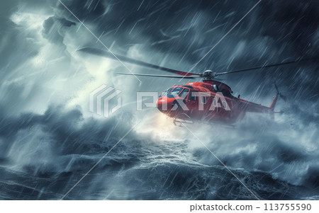 A red helicopter navigates through a dramatic storm, surrounded by turbulent waves and rain. 113755590