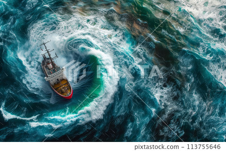 A ship amidst a dramatic whirlpool, showcasing the powerful dance of nature and machine in turquoise waters. 113755646