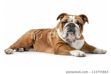 Relaxed English Bulldog laying down, showcasing muscular build and distinctive wrinkled face isolated on white background. Relaxed English Bulldog laying down, showcasing muscular build and distinctive wrinkled face isolated on white background. 113755663