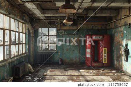 Abandoned boxing gym with old equipment, peeling paint, and scattered papers, illuminated by natural light. 113755667