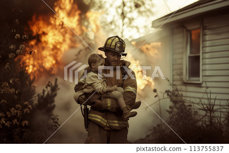 Firefighter in action - carries a child in his arms from a burning house, battling a fierce blaze consuming a residential house. 113755837