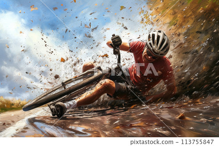 Dramatic moment capturing a cyclist in the midst of a fall, highlighting the risks and challenges in the sport. Dramatic moment capturing a cyclist in the midst of a fall, highlighting the risks and challenges in the sport. 113755847