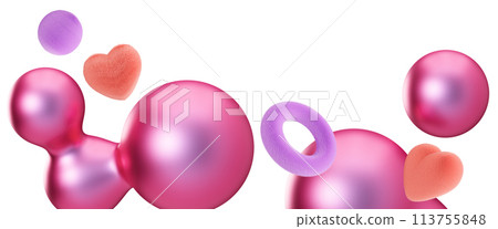 Playful footer with abstract, fluffy and metallic 3D shapes, isolated on white background. Modern border. Pink and purple colors. Y2k style. Girlish design. Bottom of the sheet. Foreground. 3D render. 113755848