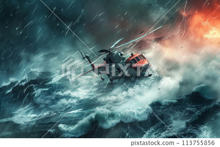 A red helicopter navigates through a turbulent storm, surrounded by powerful waves and heavy rain. 113755856