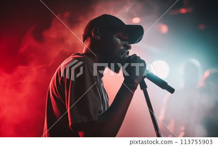 A African American singer of performer singing on stage, illuminated by dramatic red lighting amidst smoke. 113755903