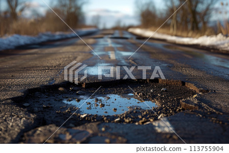 A damaged asphalt road with large potholes, surrounded by bare trees, illuminated by the soft light of the setting sun. 113755904