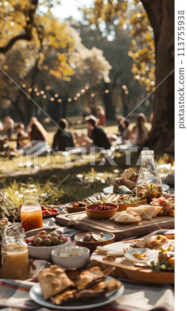 Scenic park picnic gathering with friends, enjoying a relaxed outdoor atmosphere 113755938
