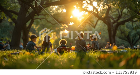 Tranquil outdoor picnic gathering with friends and family amidst nature's beauty 113755939