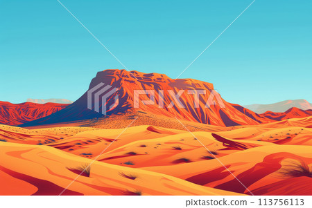 Vibrant illustration of a serene desert landscape, showcasing undulating sand dunes and a majestic mountain under the clear blue sky. 113756113