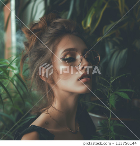 Portrait of a beautiful young woman, peacefully tending to her thriving marijuana plants in a serene, natural setting. Portrait of a beautiful young woman, peacefully tending to her thriving marijuana plants in a serene, natural setting. 113756144