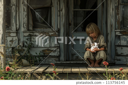 A child girl holding a kitty sits on the porch of an old, weathered house, surrounded by overgrown plants. A child girl holding a kitty sits on the porch of an old, weathered house, surrounded by overgrown plants. 113756145