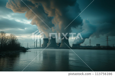 A moody image of a power plant with towering smokestacks emitting plumes of smoke, reflected in a nearby body of water. A moody image of a power plant with towering smokestacks emitting plumes of smoke, reflected in a nearby body of water. 113756166