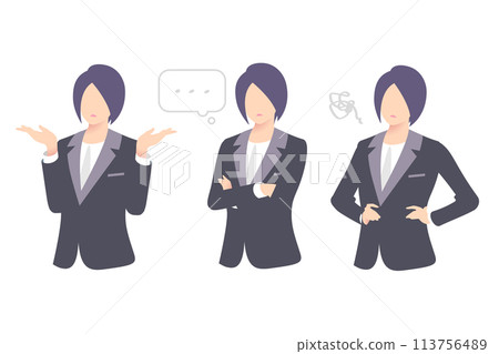 一位女商人的上半身舉起雙手思考，低下頭，因為事情進展不順利 113756489