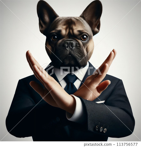 French bulldog in a suit giving a NO sign 113756577