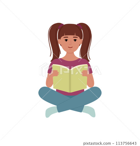 Beautiful girl sitting and reading book. Vector illustration 113756643