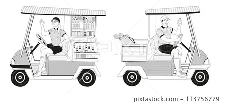 golf buggy car and beverage golf cart with male and female caddy driver golf buggy car and beverage golf cart with male and female caddy driver 113756779