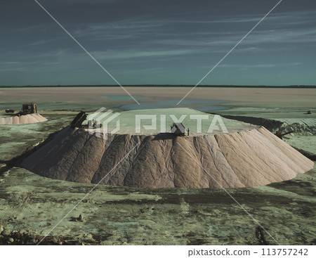 Trucks unloading raw salt bulk, Salinas Grandes de Hidalgo, La Pampa, Argentina. Trucks unloading raw salt bulk, Salinas Grandes de Hidalgo, La Pampa, Argentina. 113757242