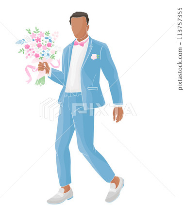 groom  African American holding a bouquet of roses 113757355