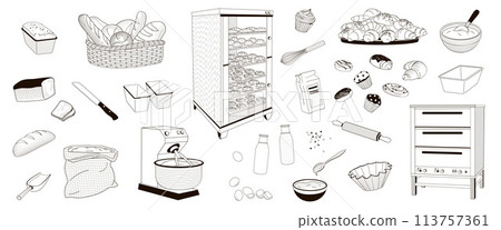 set elements about baking - bread, flour, electric bread oven, eggs, milk, croissant, donuts, baked goods, dough mixer, bowls set elements about baking - bread, flour, electric bread oven, eggs, milk, croissant, donuts, baked goods, dough mixer, bowls 113757361