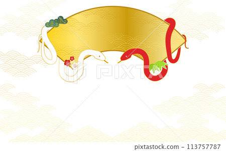 Japanese-style material with white snake, red snake and fan frame, no text Japanese-style material with white snake, red snake and fan frame, no text 113757787