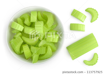 fresh celery in ceramic bowl isolated on white background. Top view. Flat lay fresh celery in ceramic bowl isolated on white background. Top view. Flat lay 113757925