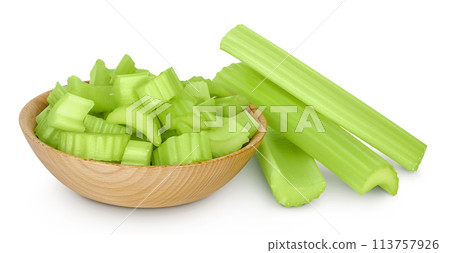 fresh celery in wooden bowl isolated on white background with full depth of field 113757926