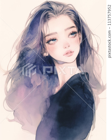 Illustration of a beautiful long-haired older sister in a watercolor style "AI-generated image" 113757952