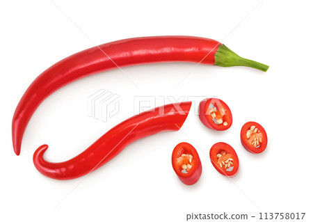 red hot chili pepper with slices isolated on white background. Top view. Flat lay. 113758017