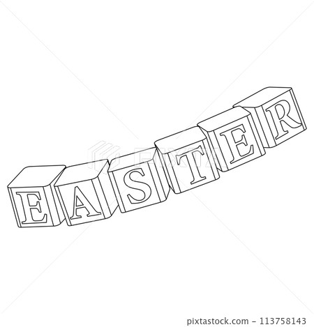 Black and white contour drawing of isometric kids blocks with letters, composed by the word EASTER. Perfect for coloring page, coloring book and kids festive activity. 113758143