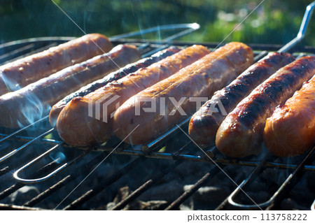 Spicy sausages grilling on portable barbecue on summer picnic. Outdoors. Smoke and fire. Close up. 113758222