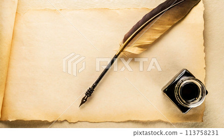 Closeup of a Quill Pen and Ink Well on a Blank Parchment Paper - Generative Ai 113758231
