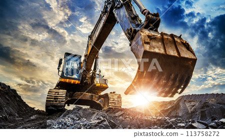 Large Excavator in a Coal Mine with Dramatic Sky at Sunset - Generative Ai Large Excavator in a Coal Mine with Dramatic Sky at Sunset - Generative Ai 113758272