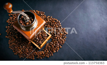 Manual Coffee Grinder and Roasted Coffee Beans on Empty Blackboard - Generative Ai 113758363