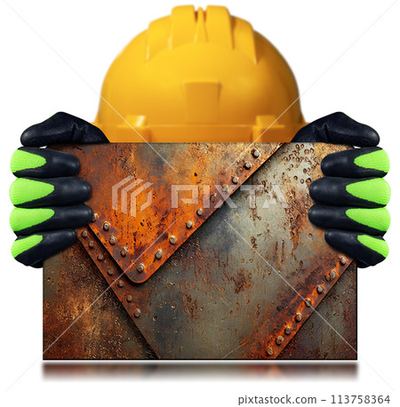 Manual Worker with Protective Work Gloves Holding a Rusty Metal Sheet - Generative Ai 113758364