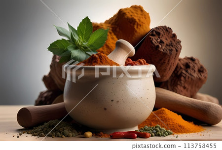 A colorful explosion of spices and herbs on wooden background A colorful explosion of spices and herbs on wooden background 113758455