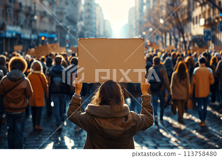 An Empty Banner Waving, United in Demonstration Against Common Foes 113758480