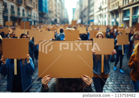 An Empty Banner Waving, United in Demonstration Against Common Foes 113758482