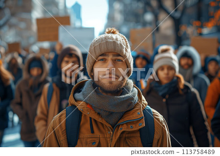 An Empty Banner Waving, United in Demonstration Against Common Foes 113758489