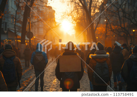 An Empty Banner Waving, United in Demonstration Against Common Foes 113758491