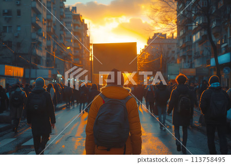 An Empty Banner Waving, United in Demonstration Against Common Foes 113758495